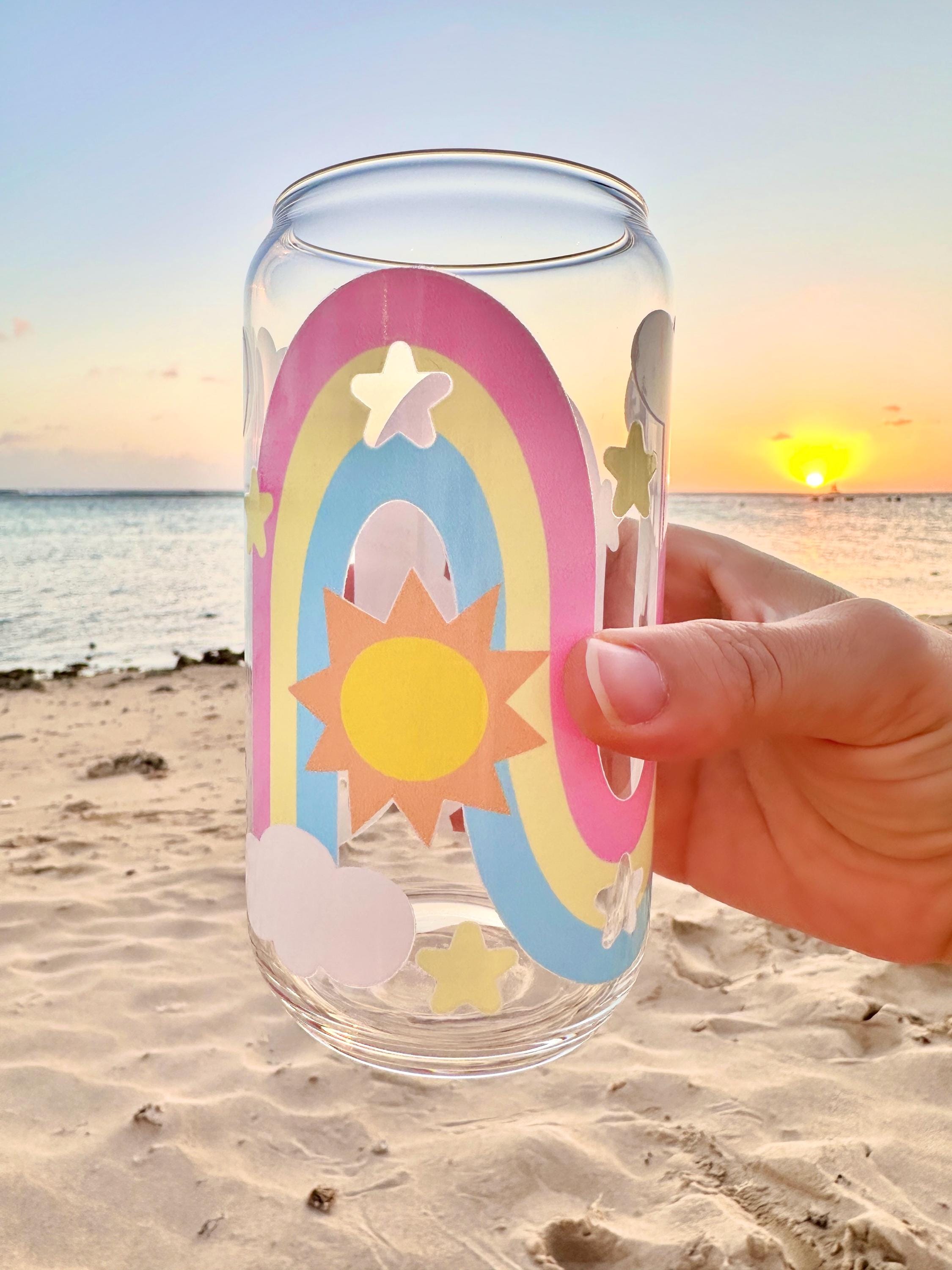 Rainbow and Star Glass Can Shaped Drinking Tumbler (16 oz Cup)