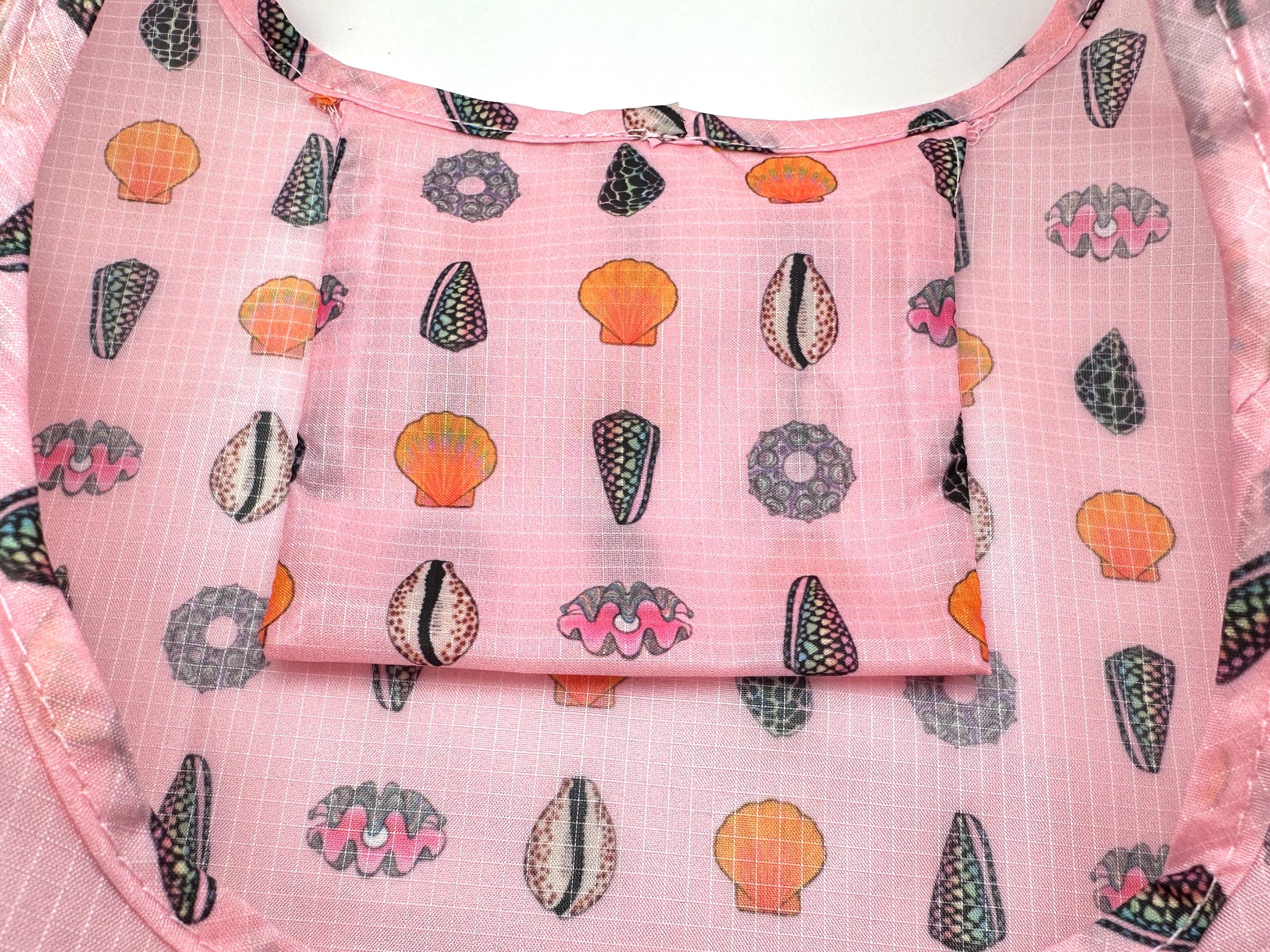 Seashell or Hibiscus Flower Pattern Print Ripstop Nylon Lightweight Foldable Tote Bag