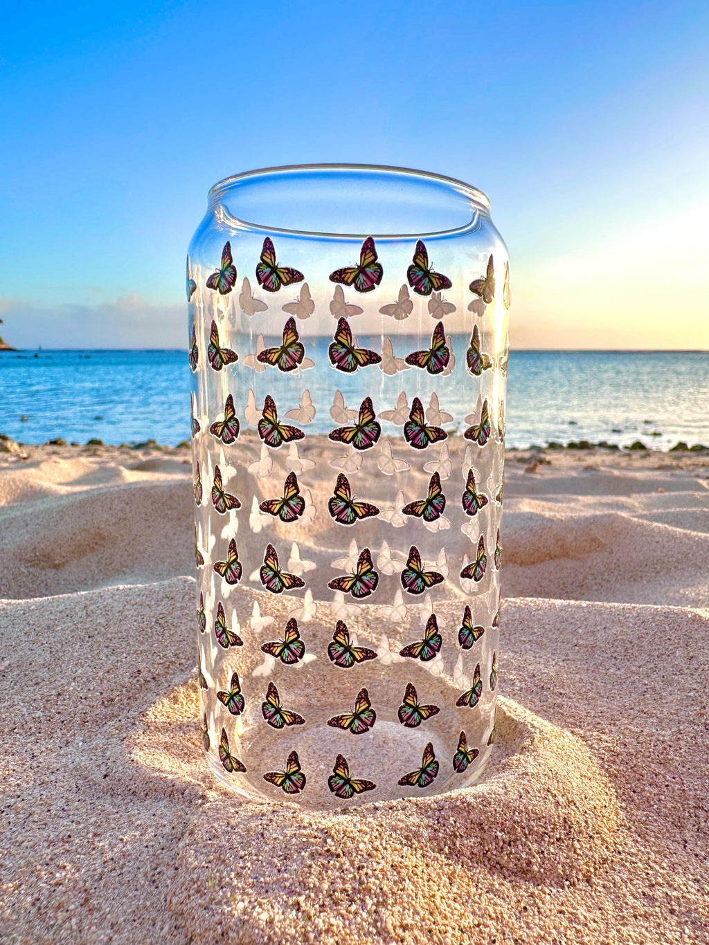 Butterfly Pattern Glass Can Shaped Drinking Tumbler (16 oz Cup)