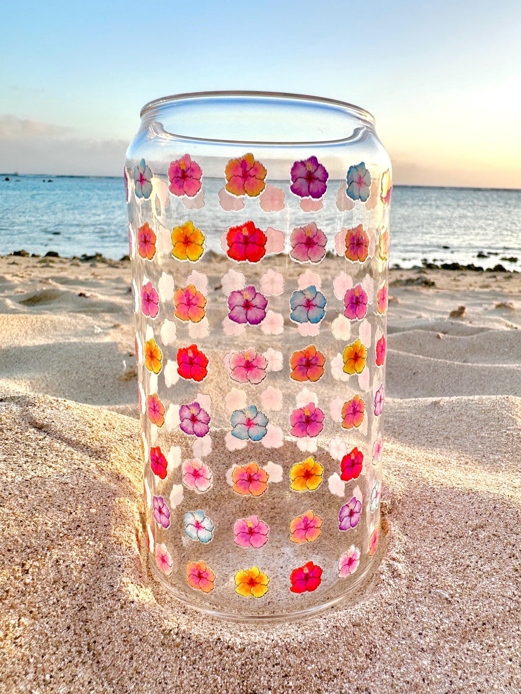 Hibiscus Pattern Glass Can Shaped Drinking Tumbler (16 oz Cup)