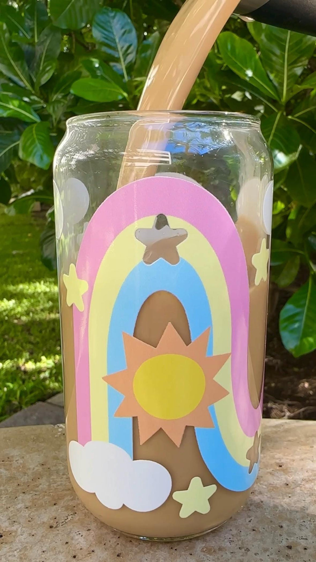 Rainbow and Star Glass Can Shaped Drinking Tumbler (16 oz Cup)