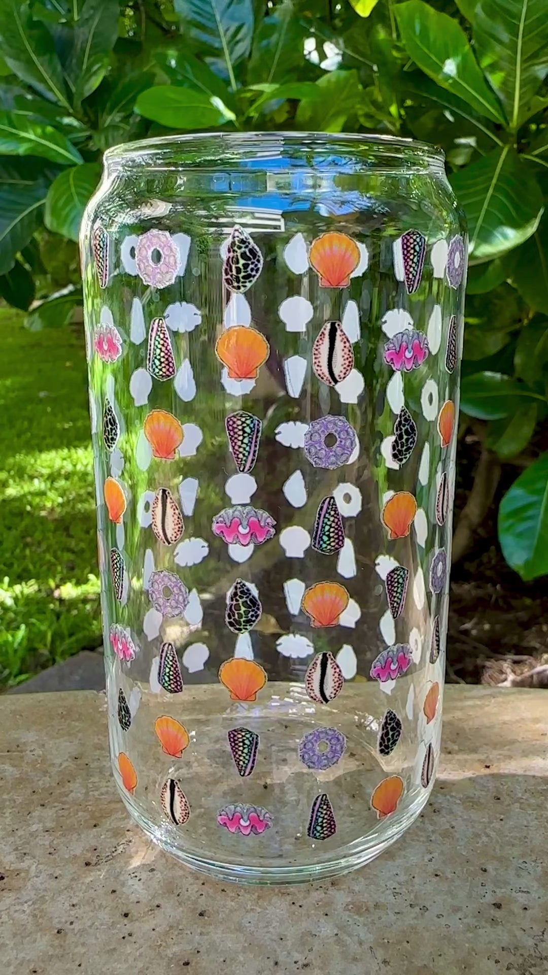 Seashell Pattern Glass Can Shaped Drinking Tumbler (16 oz Cup)