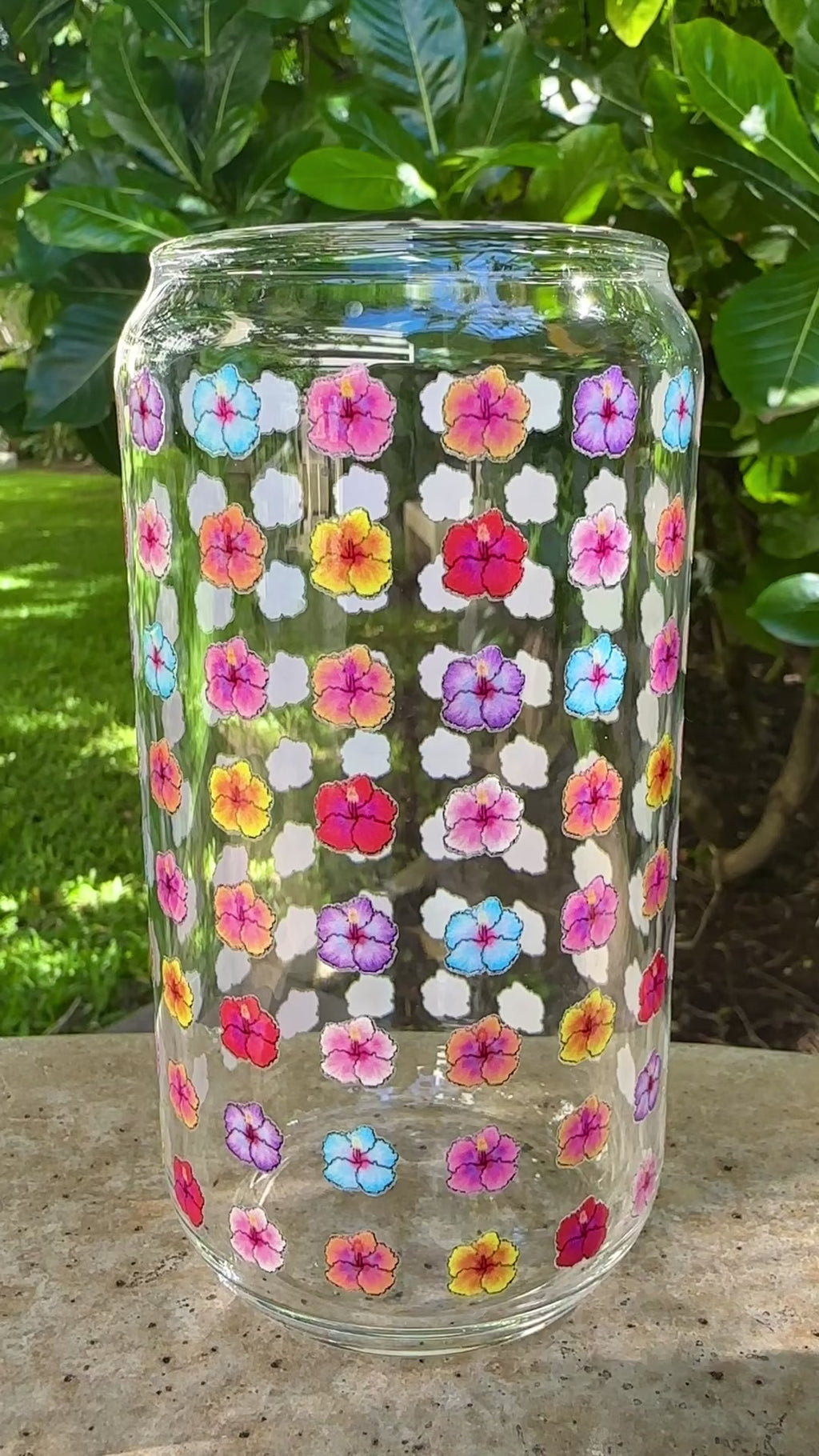 Hibiscus Pattern Glass Can Shaped Drinking Tumbler (16 oz Cup)