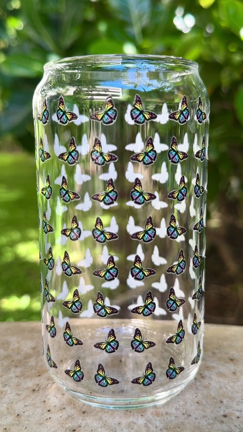 Butterfly Pattern Glass Can Shaped Drinking Tumbler (16 oz Cup)