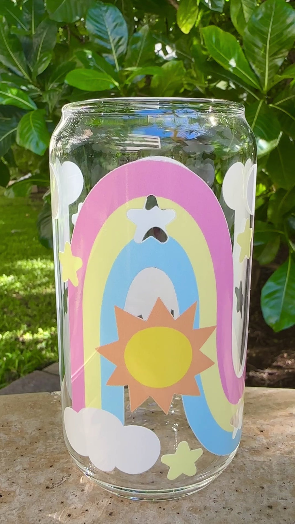 Rainbow and Star Glass Can Shaped Drinking Tumbler (16 oz Cup)