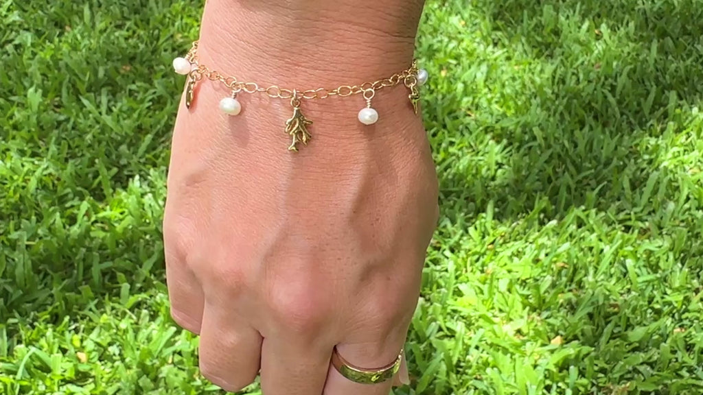 Ocean Inspired Charms and Freshwater Pearl Bracelet on 14K Gold Filled Chain