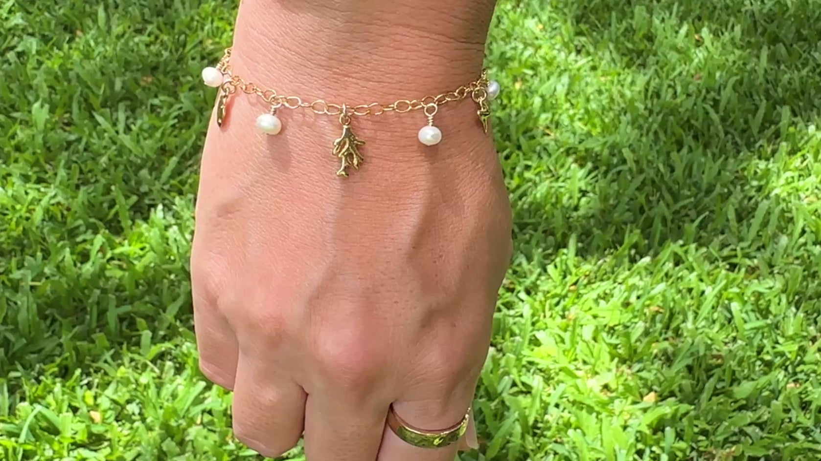 Ocean Inspired Charms and Freshwater Pearl Bracelet on 14K Gold Filled Chain
