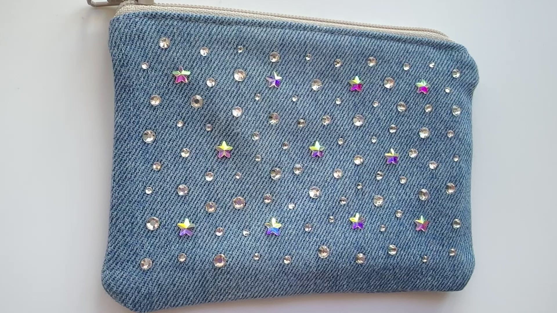 Sparkling Rhinestone Encrusted Small Blue Jean Coin Purse